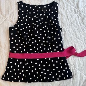 White House Black Market Black Polka Dot Sleeveless Top with Pink Waist Sash